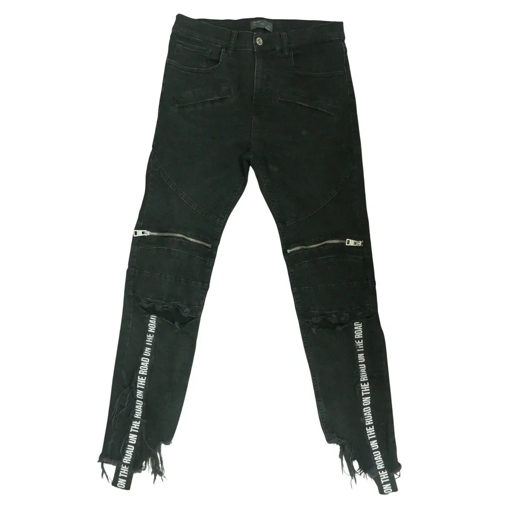 Zara Man Black Distressed Jeans On The Road Zipper Moto Denim Grunge 31